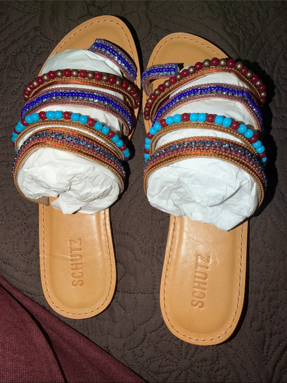 SCHUTZ Beaded Slide Sandals - Turquoise, Brown & Blue Accents